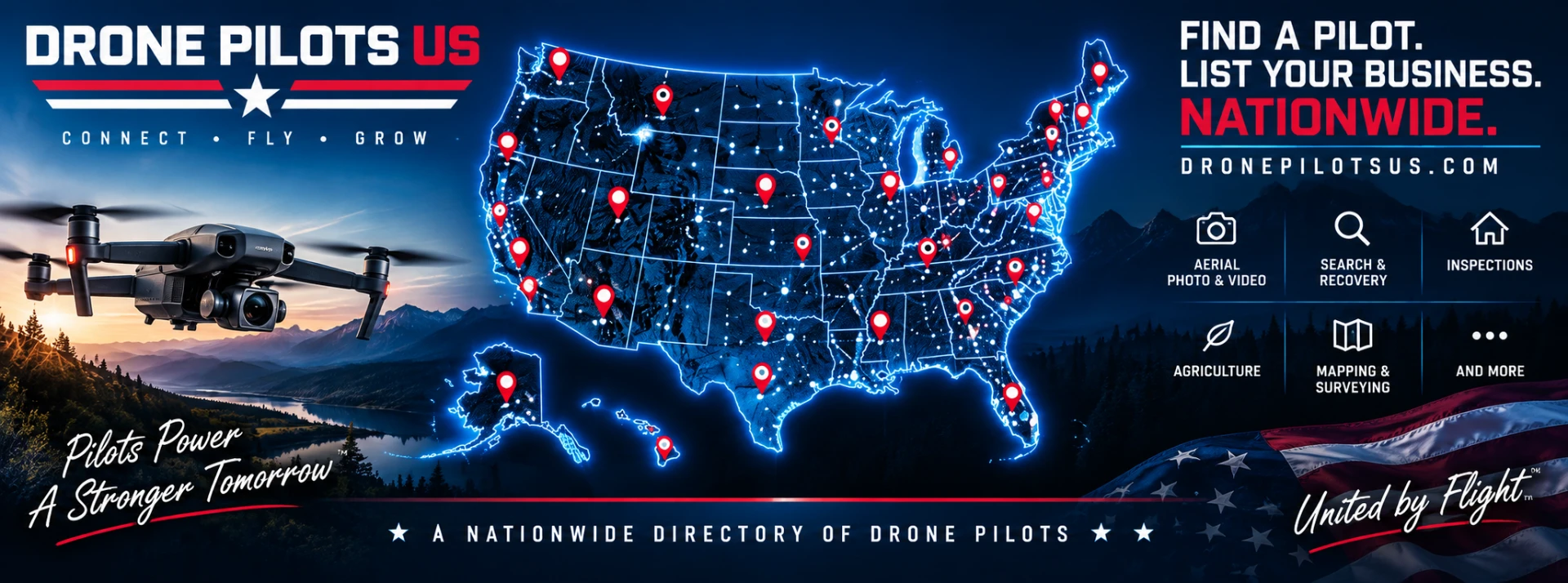Drone Pilots US — a nationwide directory for aerial photography, search and recovery, inspections, agriculture, mapping and surveying. Find a pilot or list your business at dronepilotsus.com.